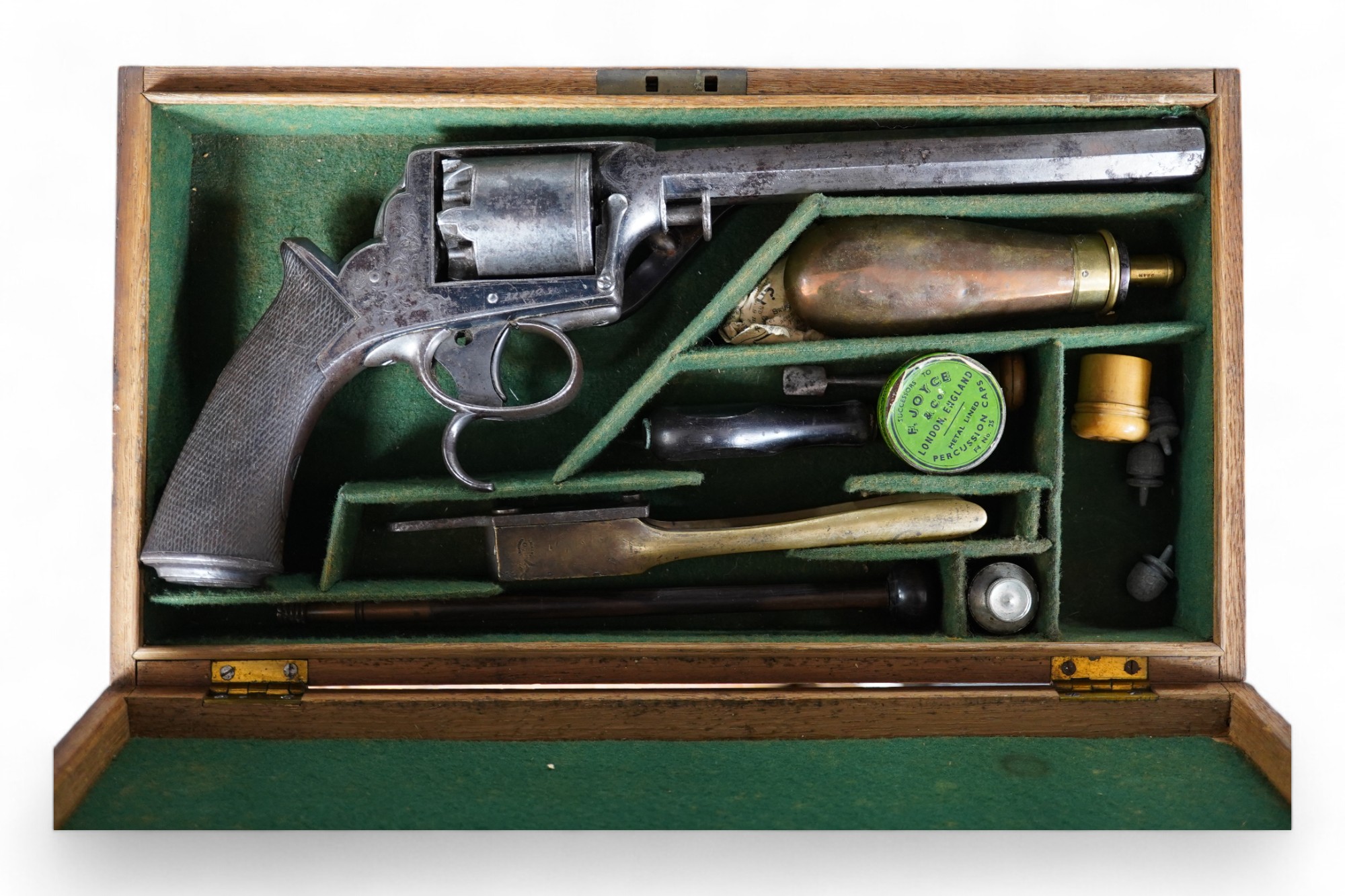 A scarce 36 bore 5 shot Tranter’s patent double trigger Dragoon percussion revolver retailed by T. Blissett, South Castle Street, Liverpool, number 2123, side lever detachable ramrod (replaced), foliate engraved frame, o